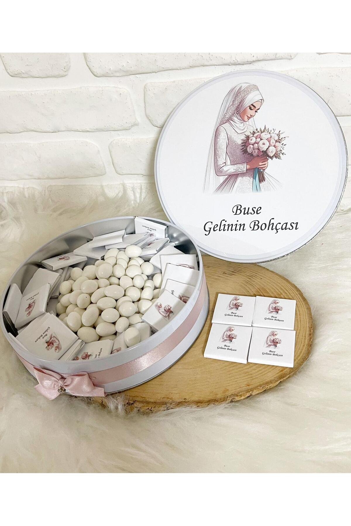 80 Adet + 200 gr Drajeli Tesettürlü Gelin Temalı İsme Özel Gelin Bohçası Hediyelik Çikolata