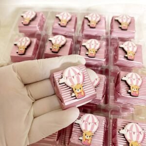 50 Adet (yaklaşık 1 Kg) Pembe Uçan Balonlu Ayıcık Ahşap Figürlü Kız Bebek Hoşgeldin-Doğumgünü Kalın Madlen
