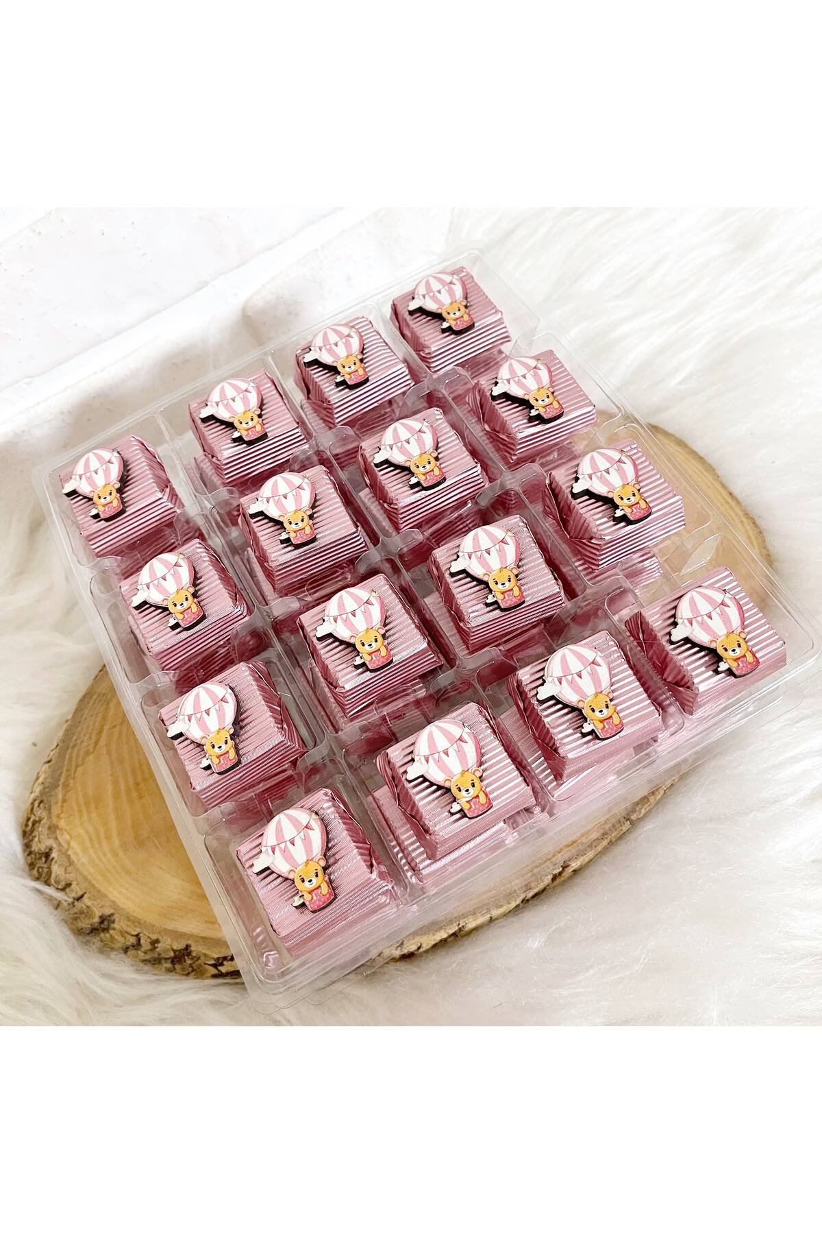 50 Adet (yaklaşık 1 Kg) Pembe Uçan Balonlu Ayıcık Ahşap Figürlü Kız Bebek Hoşgeldin-Doğumgünü Kalın Madlen - Görsel 2