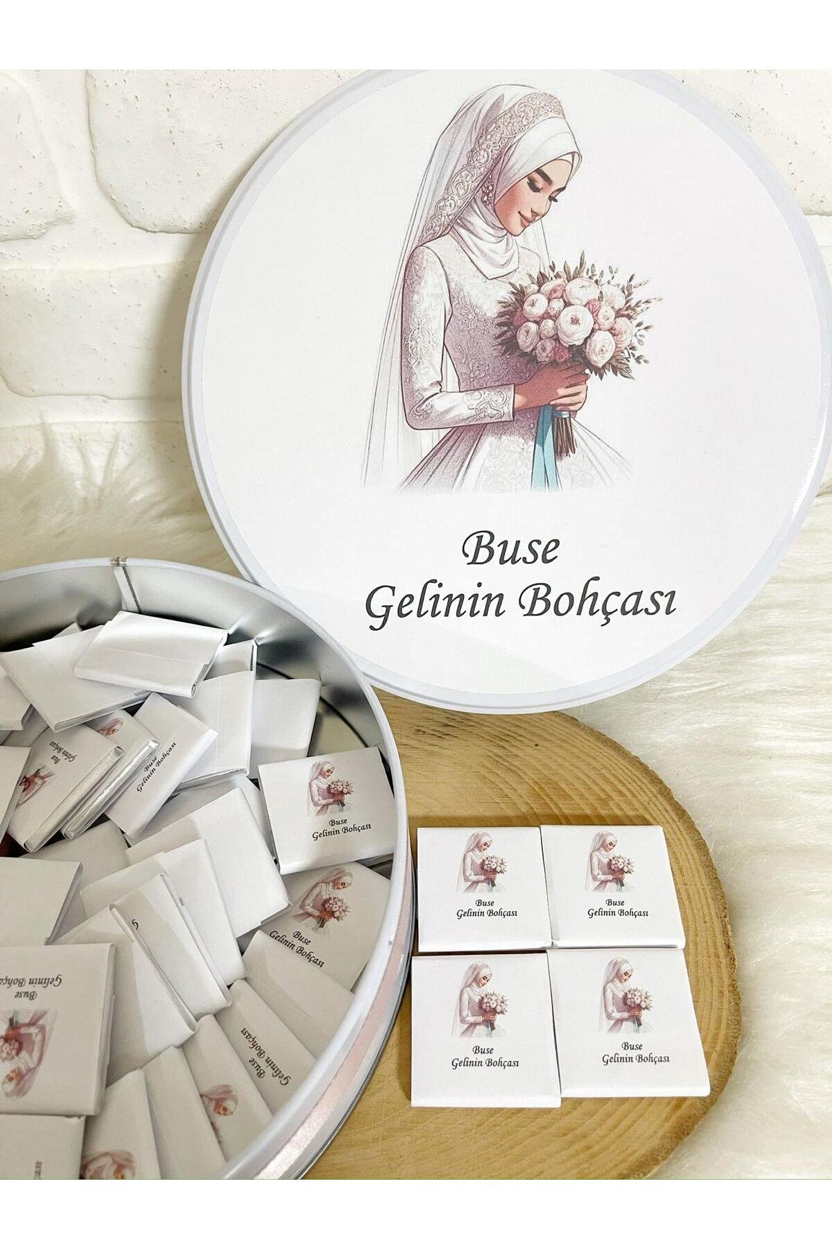80 Adet Tesettürlü Gelin Temalı İsme Özel Gelin Bohçası Hediyelik Çikolata - Görsel 3