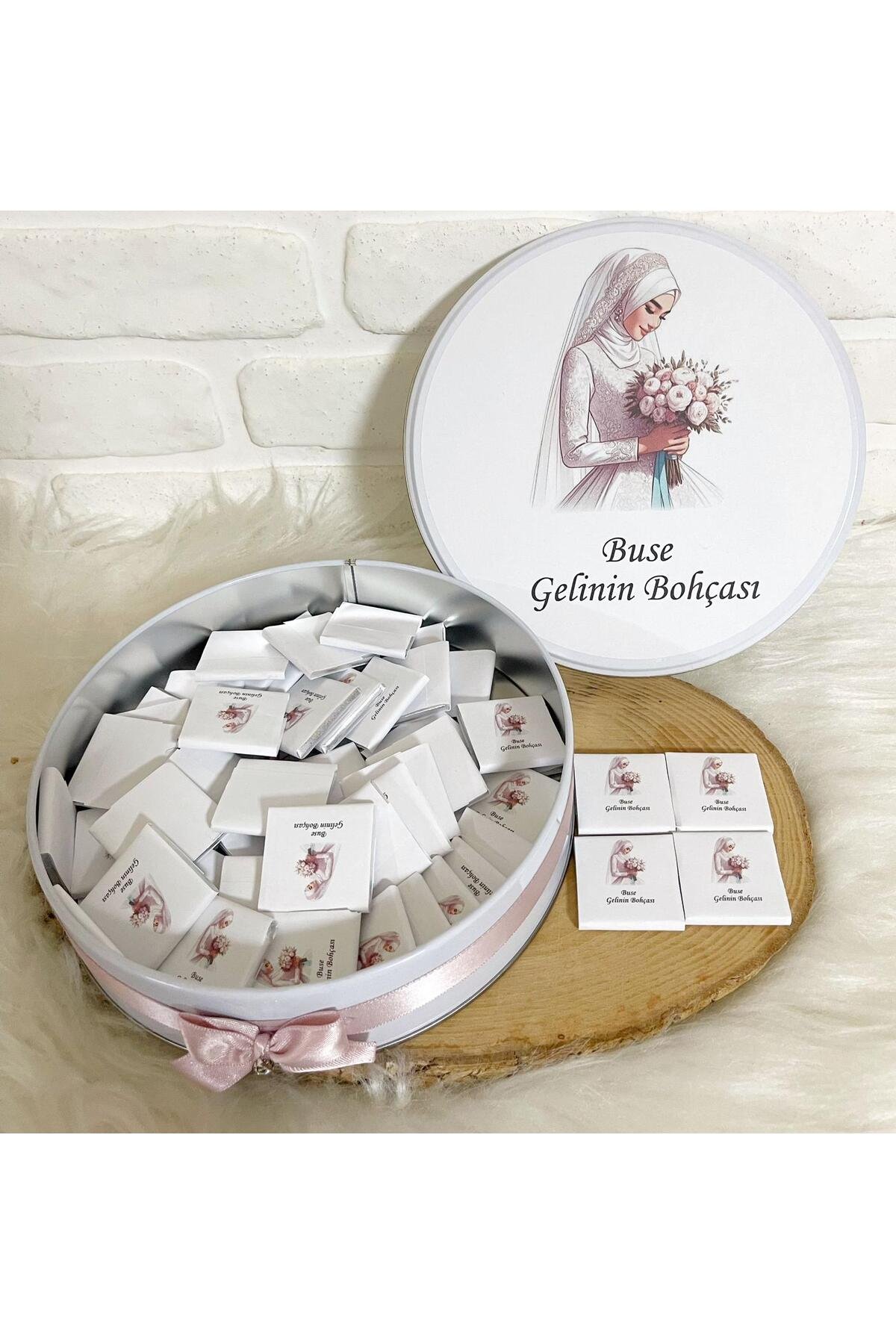 50 Adet Tesettürlü Gelin Temalı İsme Özel Gelin Bohçası Hediyelik Çikolata - Görsel 2