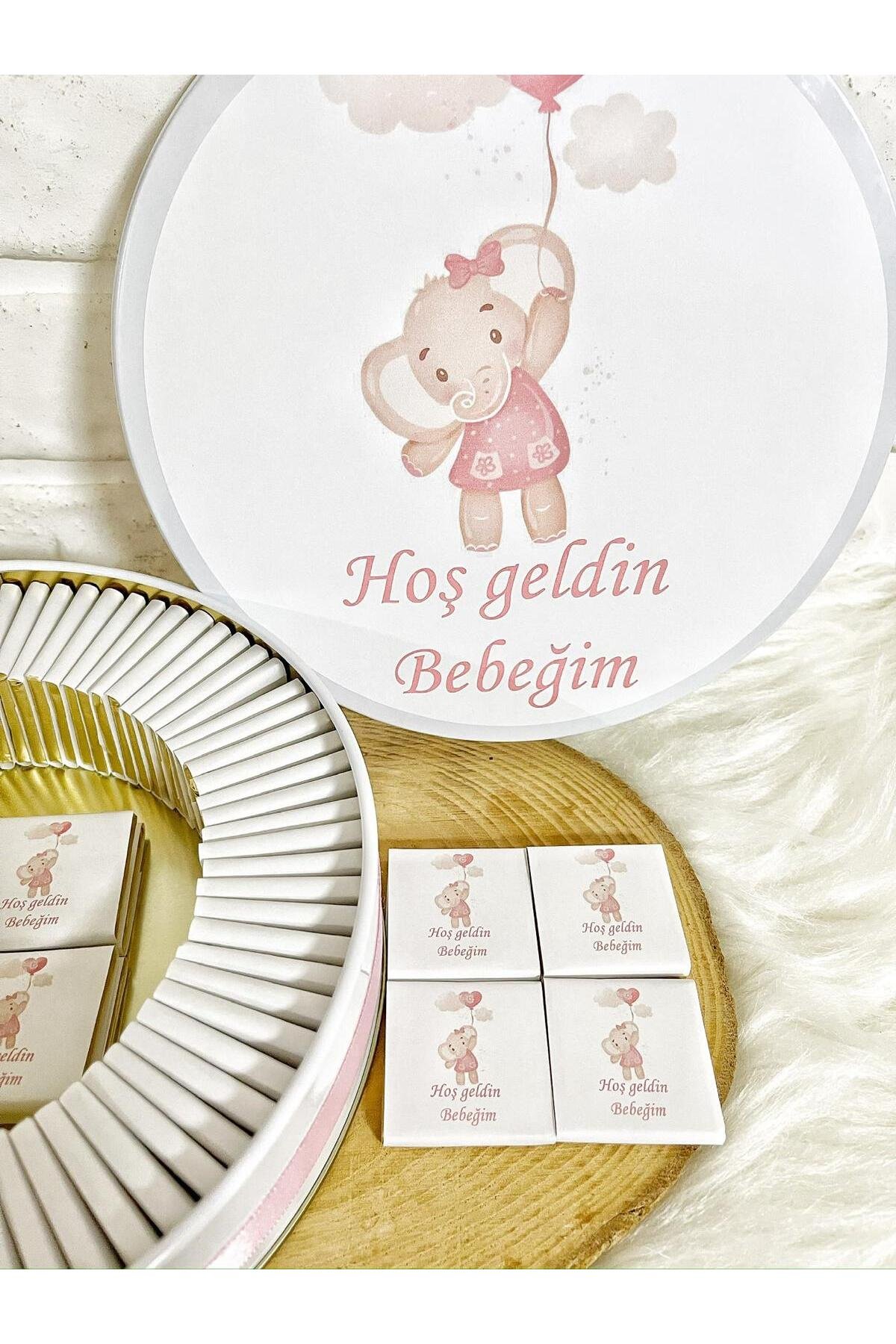 50 Adet Pembe Balonlu Fil Temalı İsme Özel Hoşgeldin Kız Bebek Hediyelik Çikolata - Görsel 3