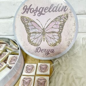 80 Adet Pembe Renkli kanatlı figür Temalı İsme Özel Hoşgeldin Kız Bebek Hediyelik Çikolata
