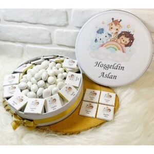 150 Adet+200 Gr Drajeli Gökkuşağında Safari Temalı İsme Özel Hoşgeldin Kız-Erkek Bebek Hediyelik Çikolata