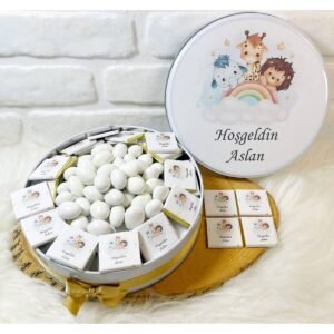80 Adet+200 Gr Drajeli Gökkuşağında Safari Temalı İsme Özel Hoşgeldin Kız-Erkek Bebek Hediyelik Çikolata