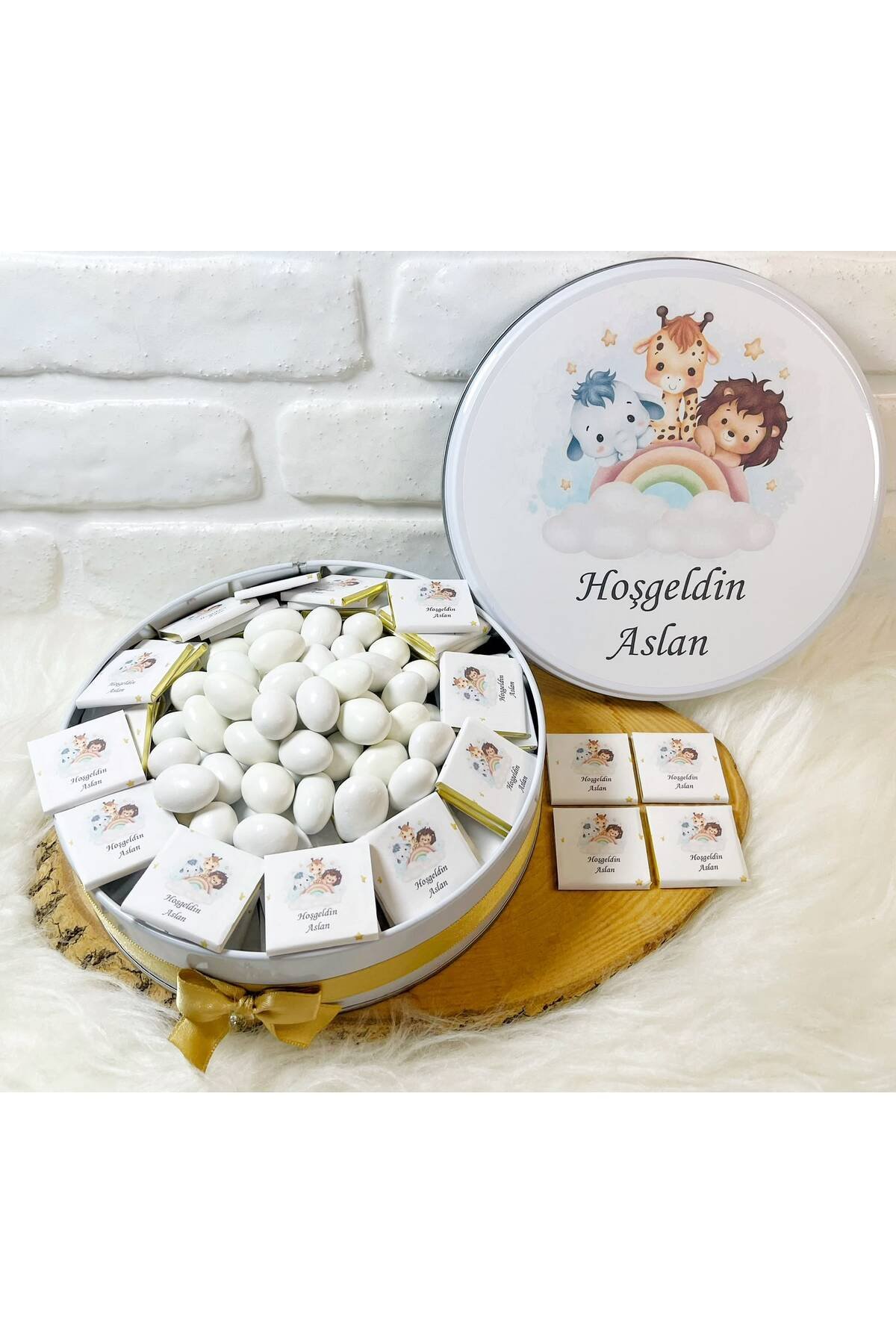 80 Adet+200 Gr Drajeli Gökkuşağında Safari Temalı İsme Özel Hoşgeldin Kız-Erkek Bebek Hediyelik Çikolata - Görsel 2
