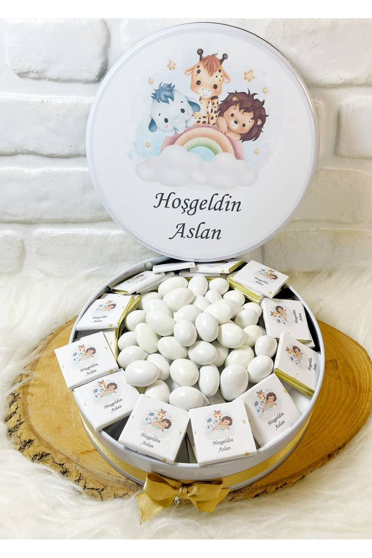 80 Adet+200 Gr Drajeli Gökkuşağında Safari Temalı İsme Özel Hoşgeldin Kız-Erkek Bebek Hediyelik Çikolata - Görsel 4