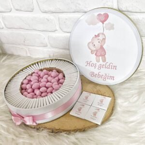 80 Adet + 200 Gr Drajeli Balonlu Fil Temalı İsme Özel Hoşgeldin Kız Bebek Hediyelik Çikolata