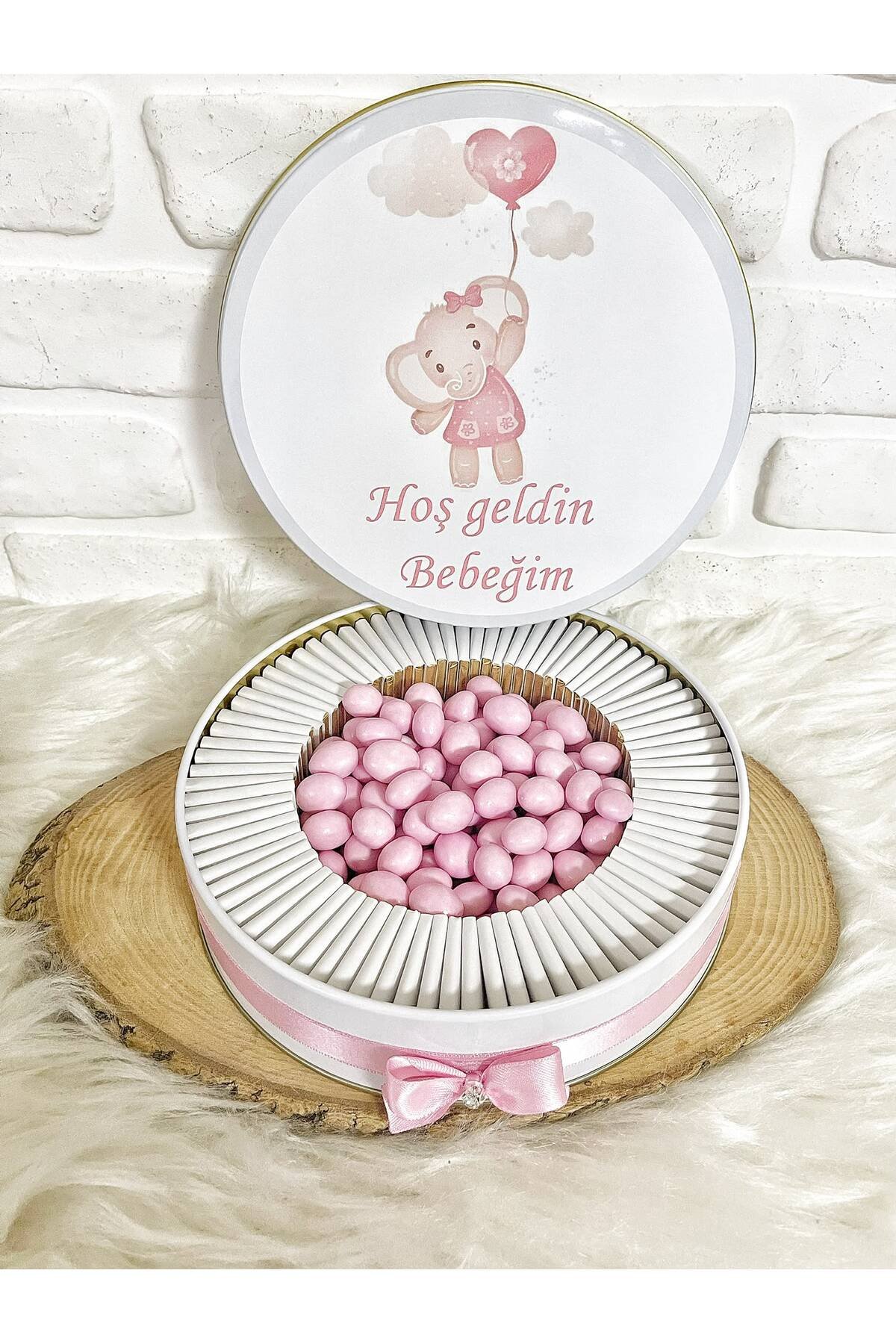 100 Adet + 200 Gr Drajeli Balonlu Fil Temalı İsme Özel Hoşgeldin Kız Bebek Hediyelik Çikolata - Görsel 4