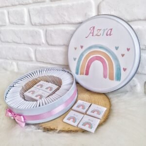 100 Adet Pembe Renkli Kalpli Gökkuşağı İsme Özel Hoşgeldin Kız Bebek Hediyelik Çikolata