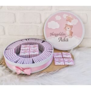 80 Adet Pembe Yıldızlı Balon Tutan Ayıcık Temalı İsme Özel Hoşgeldin Kız Bebek Hediyelik Çikolata