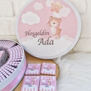 80 Adet Pembe Yıldızlı Balon Tutan Ayıcık Temalı İsme Özel Hoşgeldin Kız Bebek Hediyelik Çikolata