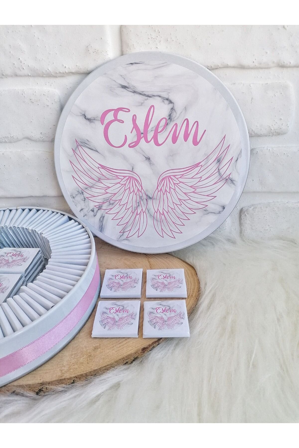 150 Adet Pembe Melek Kanadı İsme Özel Hoşgeldin Kız Bebek Hediyelik Çikolata - Görsel 3