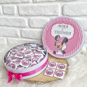 100 Adet Mickey Mouse Temalı İsme Hoşgeldin-Doğumgünü Kız Bebek Hediyelik Çikolata