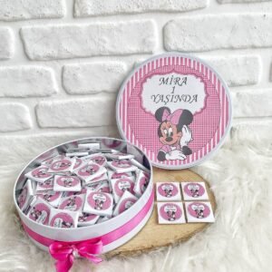 100 Adet Mickey Mouse Temalı İsme Hoşgeldin-Doğumgünü Kız Bebek Hediyelik Çikolata