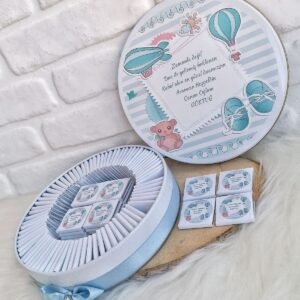 150 Adet Mavi Oyuncaklı Ayıcık Çerçeveli İsme Özel Hoşgeldin Erkek Bebek Hediyelik Çikolata