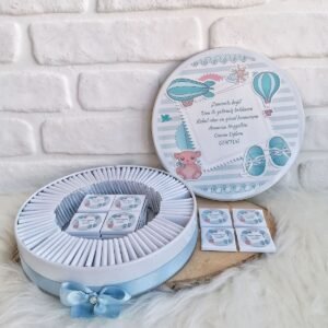 150 Adet Mavi Oyuncaklı Ayıcık Çerçeveli İsme Özel Hoşgeldin Erkek Bebek Hediyelik Çikolata