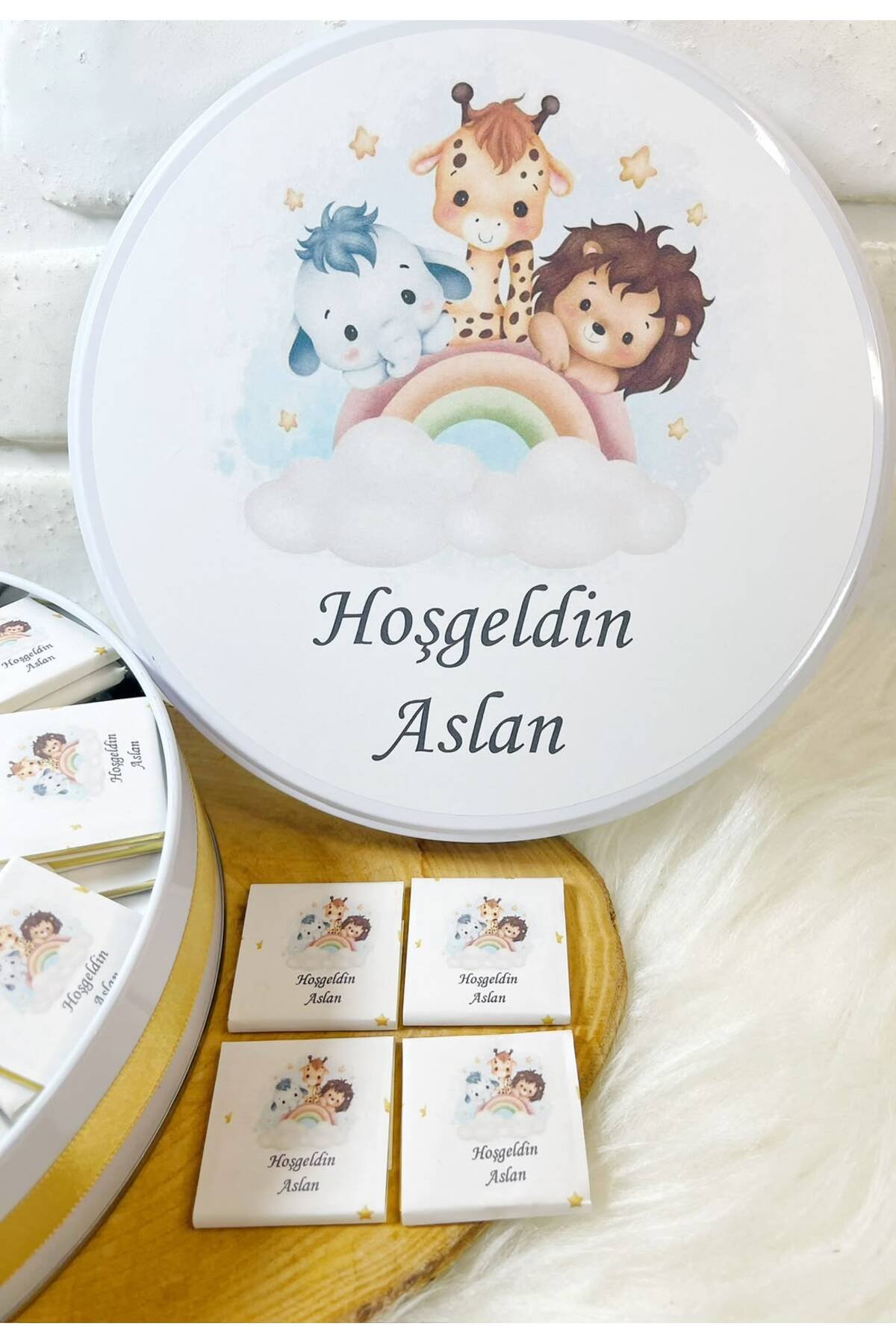 80 Adet Gökkuşağında Safari Temalı İsme Özel Hoşgeldin Kız-Erkek Bebek Hediyelik Çikolata - Görsel 3