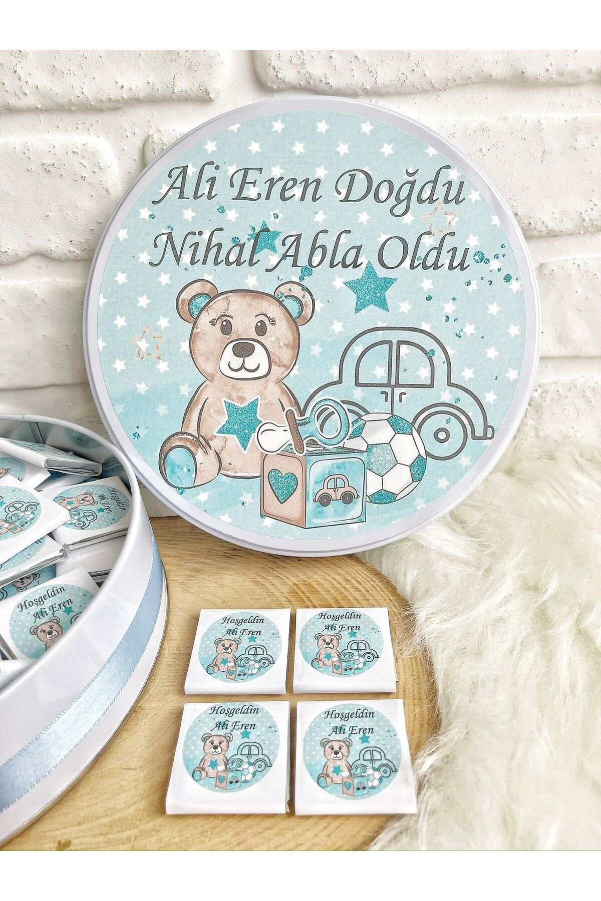 100 Adet Mavi Arabalı Oyuncaklı Ayıcık Temalı İsme Hoşgeldin Erkek Bebek Hediyelik Çikolata - Görsel 3