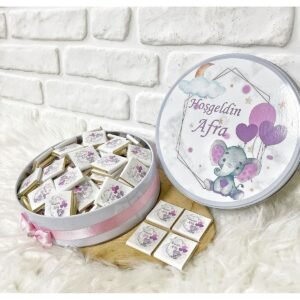 100 Adet Pembe Balon Tutan Fil Temalı İsme Özel Hoşgeldin Kız Bebek Hediyelik Çikolata