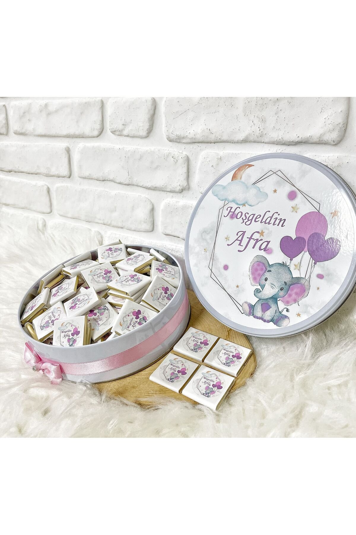 100 Adet Pembe Balon Tutan Fil Temalı İsme Özel Hoşgeldin Kız Bebek Hediyelik Çikolata