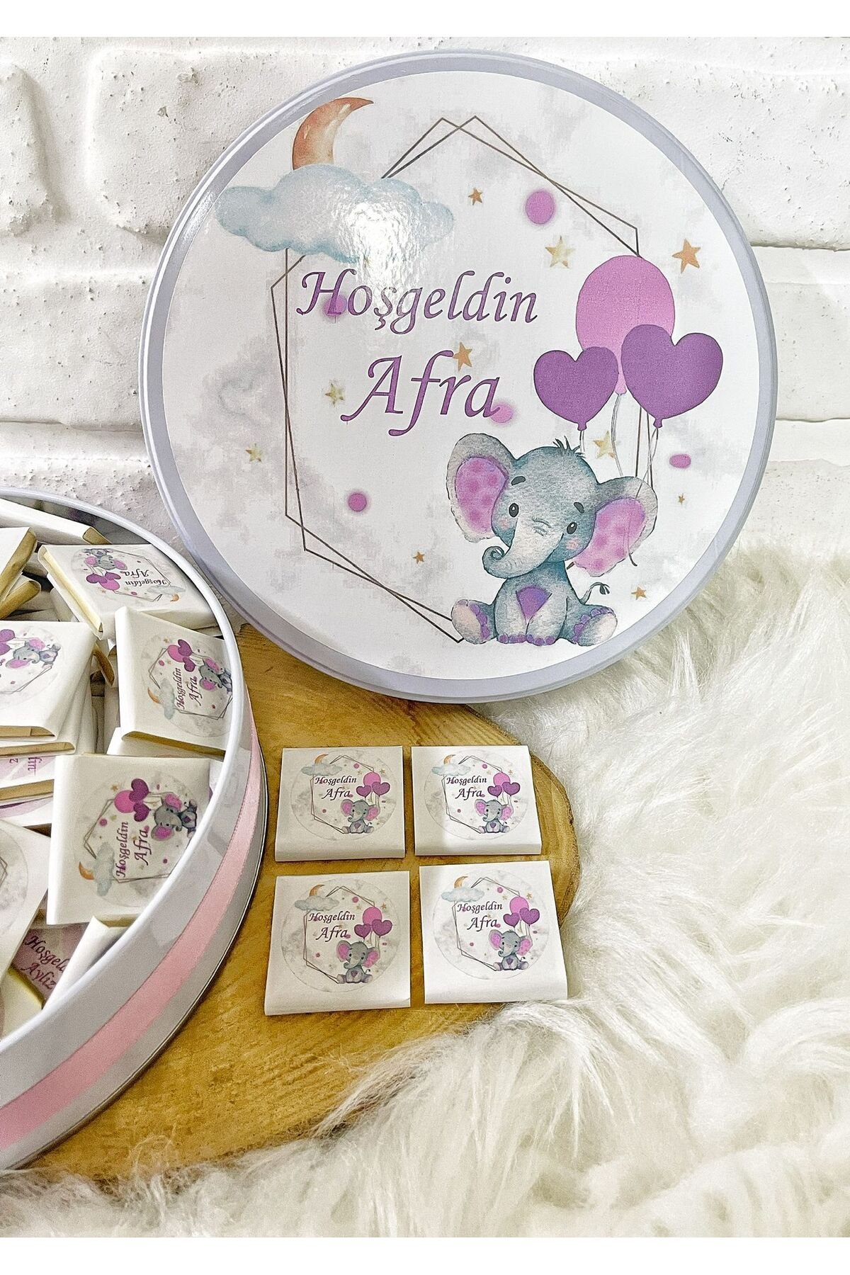 100 Adet Pembe Balon Tutan Fil Temalı İsme Özel Hoşgeldin Kız Bebek Hediyelik Çikolata - Görsel 3