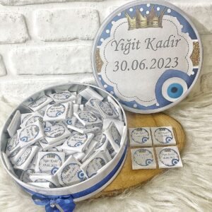 100 Adet Nazar Boncuk Temalı İsme Özel Hoşgeldin-Sünnet Erkek Bebek Hediyelik Çikolata