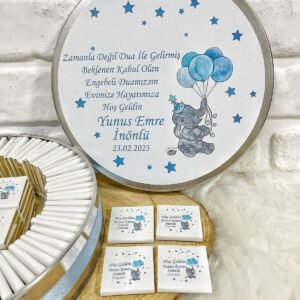 150 Adet Mavi Balon Tutan Fil Temalı Model 2 İsme Özel Hoşgeldin Erkek Bebek Hediyelik Çikolata