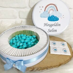 80 Adet+200 Gr Draje Mavi Gökkuşağı Temalı İsme Özel Hoşgeldin Erkek Bebek Hediyelik Çikolata