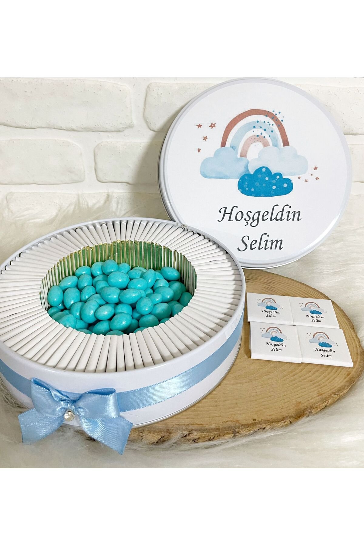 100 Adet+200 Gr Draje Mavi Gökkuşağı Temalı İsme Özel Hoşgeldin Erkek Bebek Hediyelik Çikolata