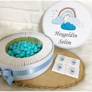 80 Adet+200 Gr Draje Mavi Gökkuşağı Temalı İsme Özel Hoşgeldin Erkek Bebek Hediyelik Çikolata