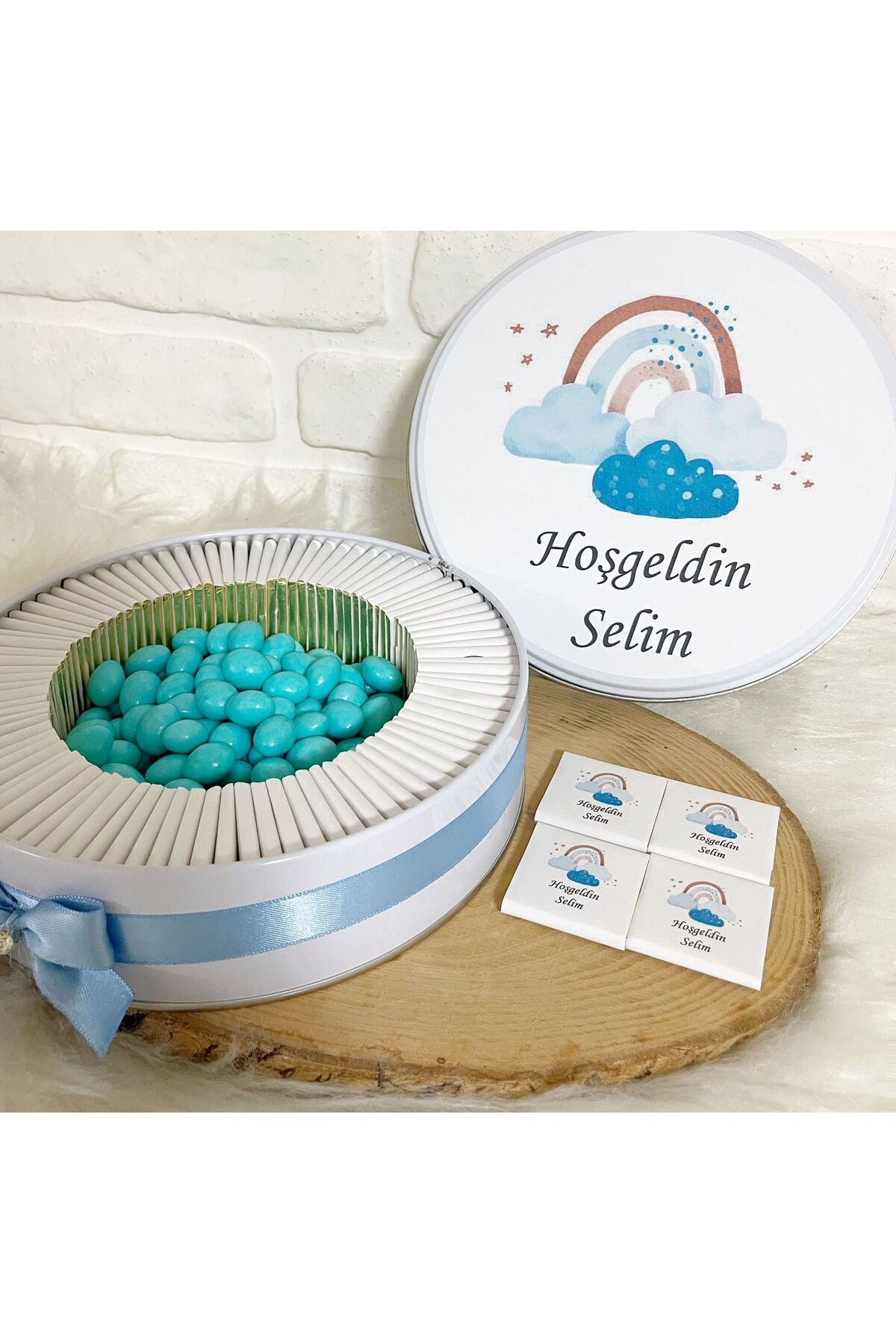 100 Adet+200 Gr Draje Mavi Gökkuşağı Temalı İsme Özel Hoşgeldin Erkek Bebek Hediyelik Çikolata - Görsel 2