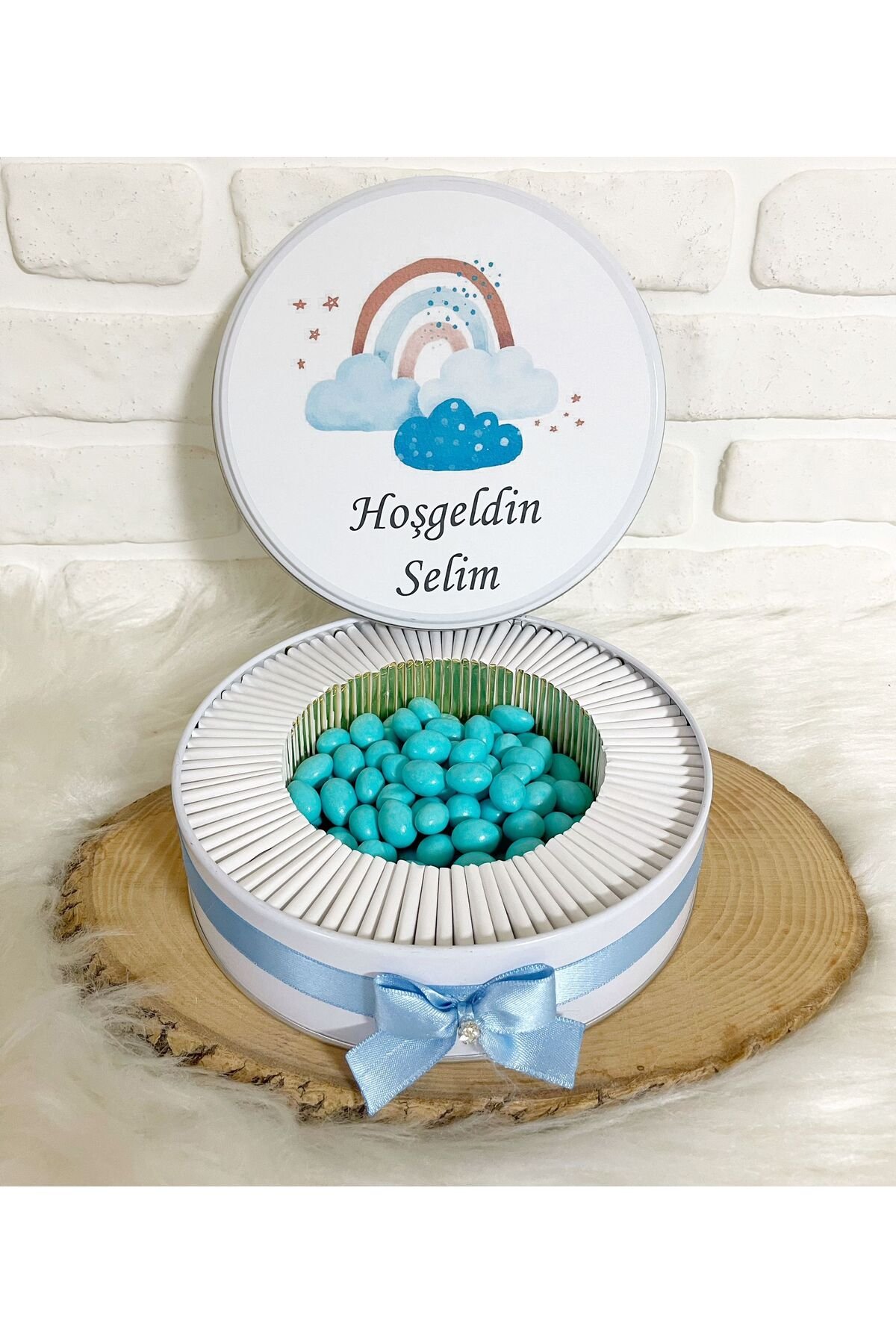 100 Adet+200 Gr Draje Mavi Gökkuşağı Temalı İsme Özel Hoşgeldin Erkek Bebek Hediyelik Çikolata - Görsel 3