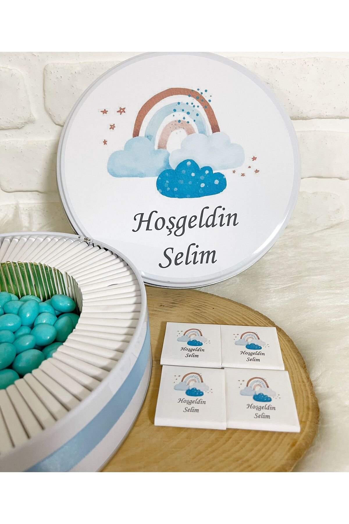 100 Adet+200 Gr Draje Mavi Gökkuşağı Temalı İsme Özel Hoşgeldin Erkek Bebek Hediyelik Çikolata - Görsel 4