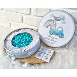 100 Adet+200 Gr Drajeli Araba Gökkuşağı Temalı İsme Özel Hoşgeldin Erkek Bebek Hediyelik Çikolata