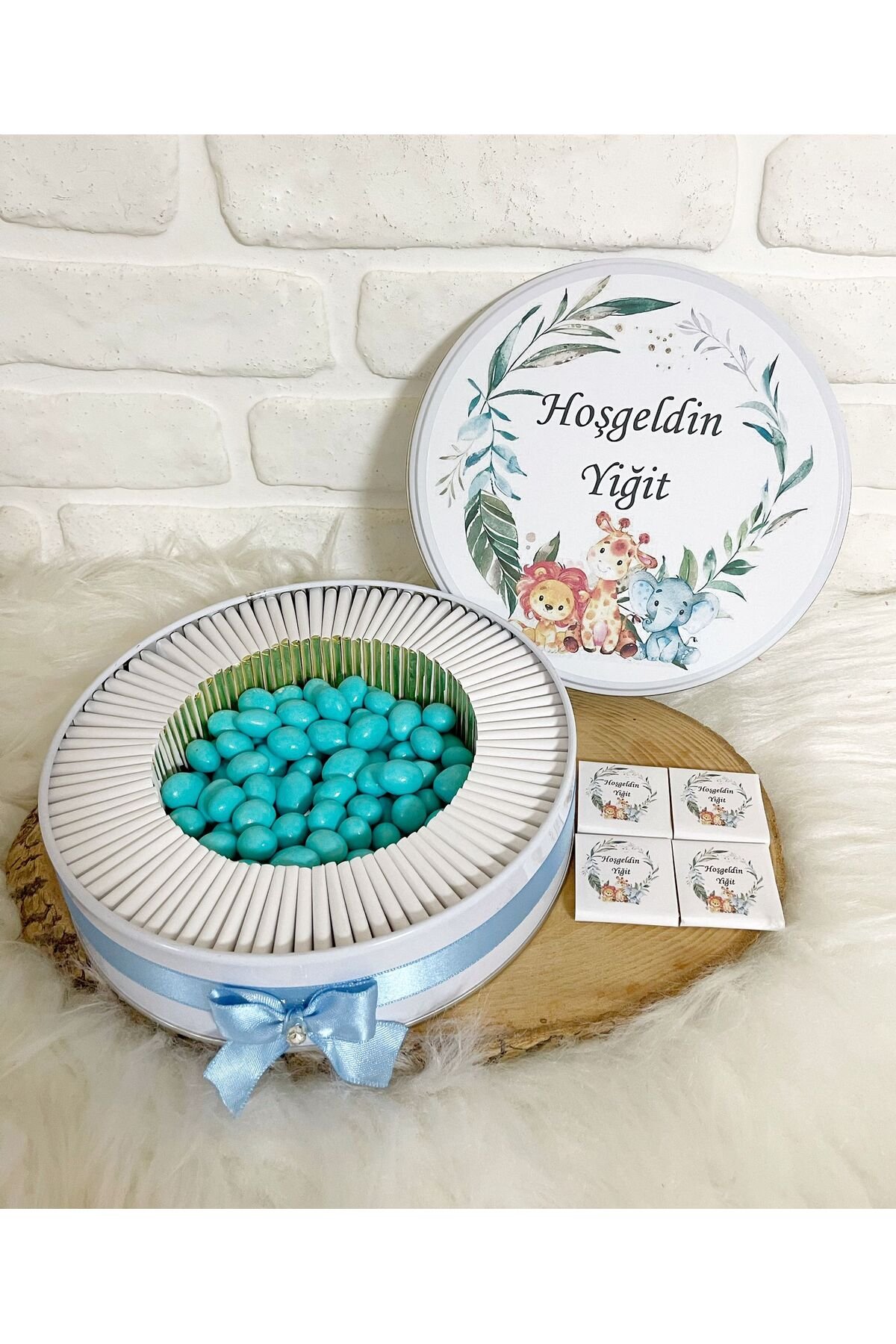 150 Adet+200 Gr Drajeli Yapraklı Safari Temalı İsme Özel Hoşgeldin Erkek Bebek Hediyelik Çikolata