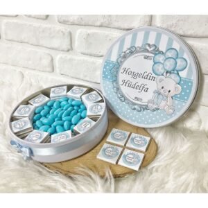 80 Adet+200 Gr Drajeli Mavi Ayıcık Temalı İsme Özel Hoşgeldin Erkek Bebek Hediyelik Çikolata