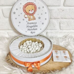 80 Adet+200 Gr Drajeli Turuncu Aslan Temalı İsme Özel Hoşgeldin Erkek Bebek Hediyelik Çikolata