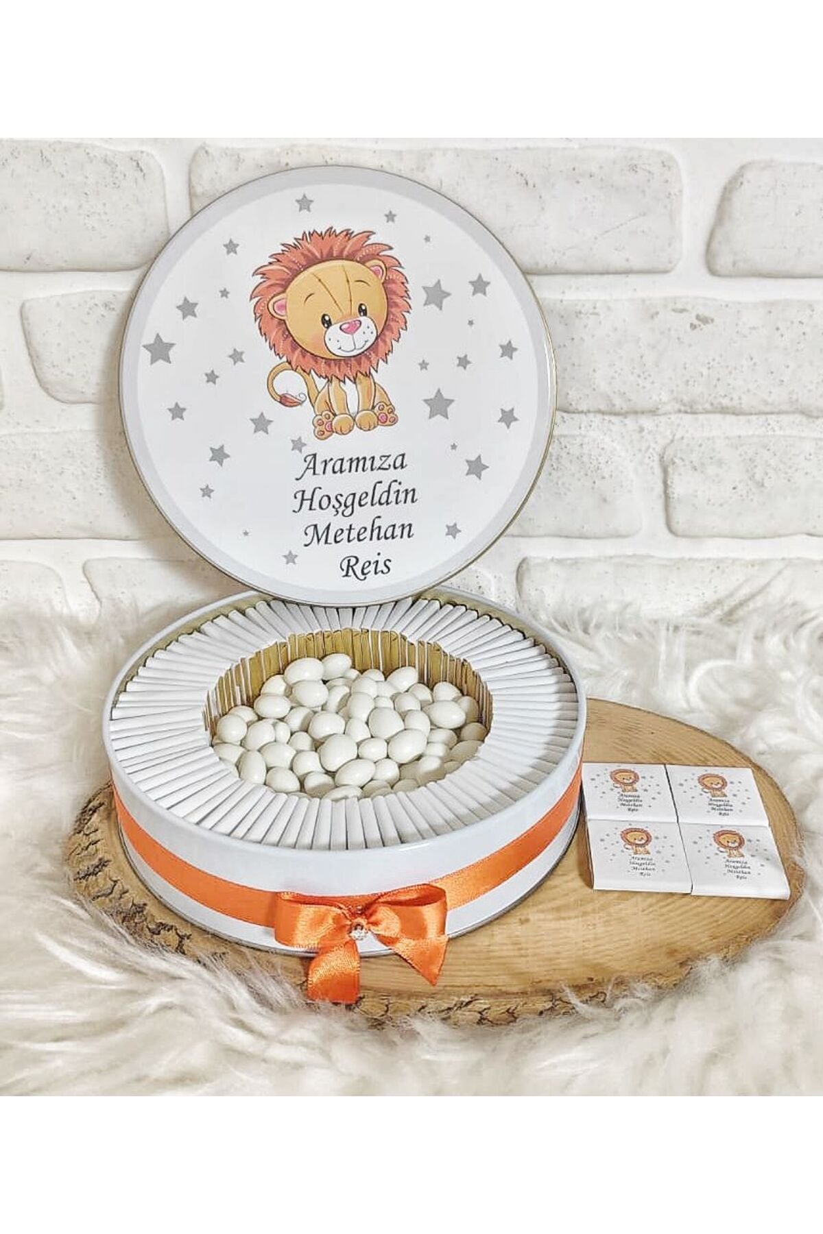 100 Adet+200 Gr Drajeli Turuncu Aslan Temalı İsme Özel Hoşgeldin Erkek Bebek Hediyelik Çikolata - Görsel 2