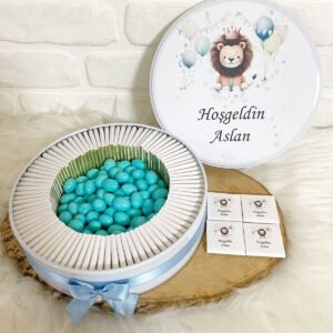 100 Adet+200 Gr Draje Balonlu Aslancık Temalı İsme Özel Hoşgeldin Erkek Bebek Hediyelik Çikolata