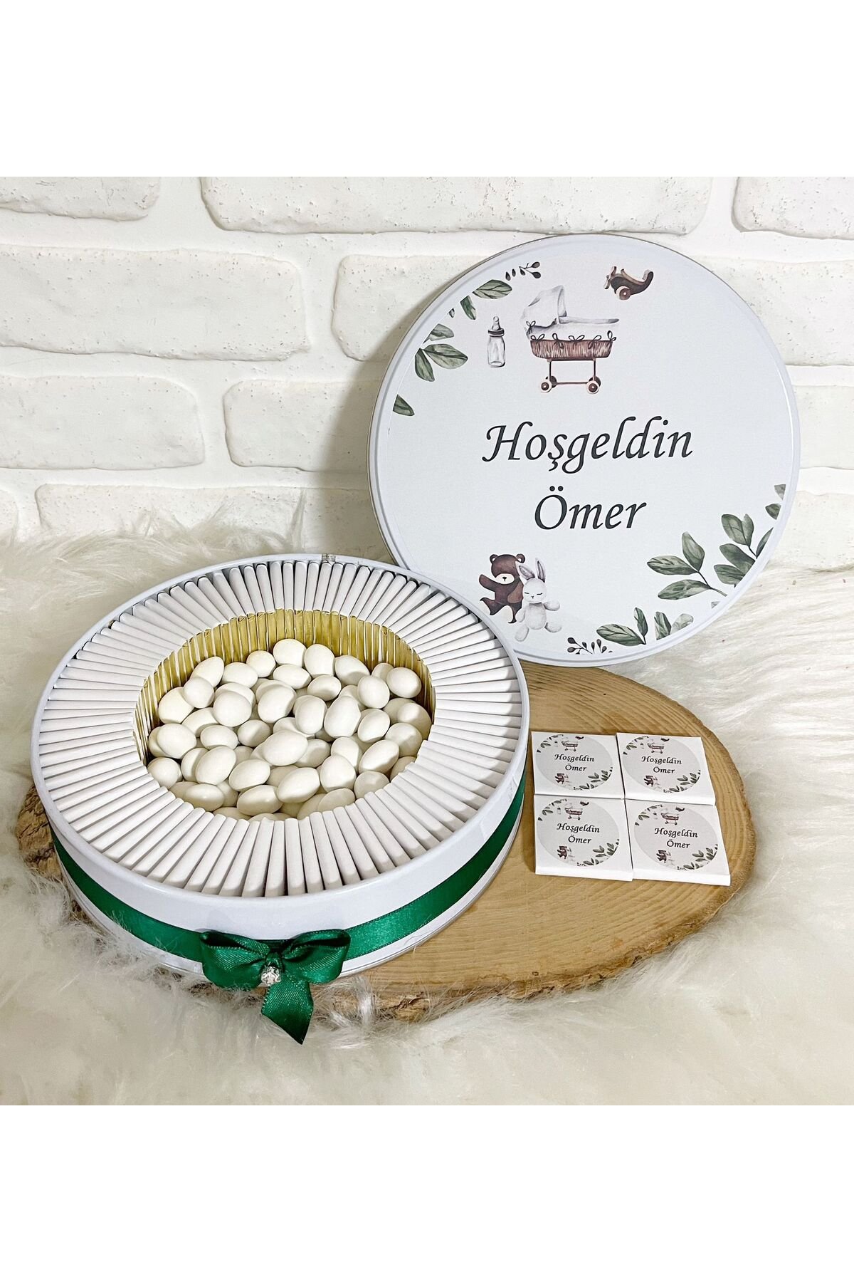 100 Adet+200 Gr Draje Beşikli Tavşan Temalı İsme Özel Hoşgeldin Kız-Erkek Bebek Hediyelik Çikolata