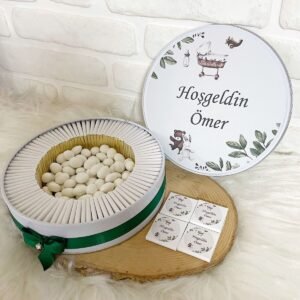 100 Adet+200 Gr Draje Beşikli Tavşan Temalı İsme Özel Hoşgeldin Kız-Erkek Bebek Hediyelik Çikolata
