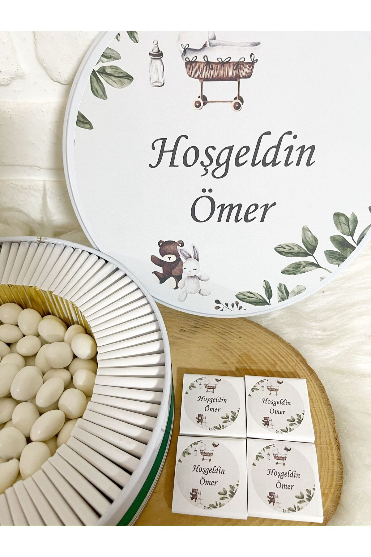 100 Adet+200 Gr Draje Beşikli Tavşan Temalı İsme Özel Hoşgeldin Kız-Erkek Bebek Hediyelik Çikolata - Görsel 4