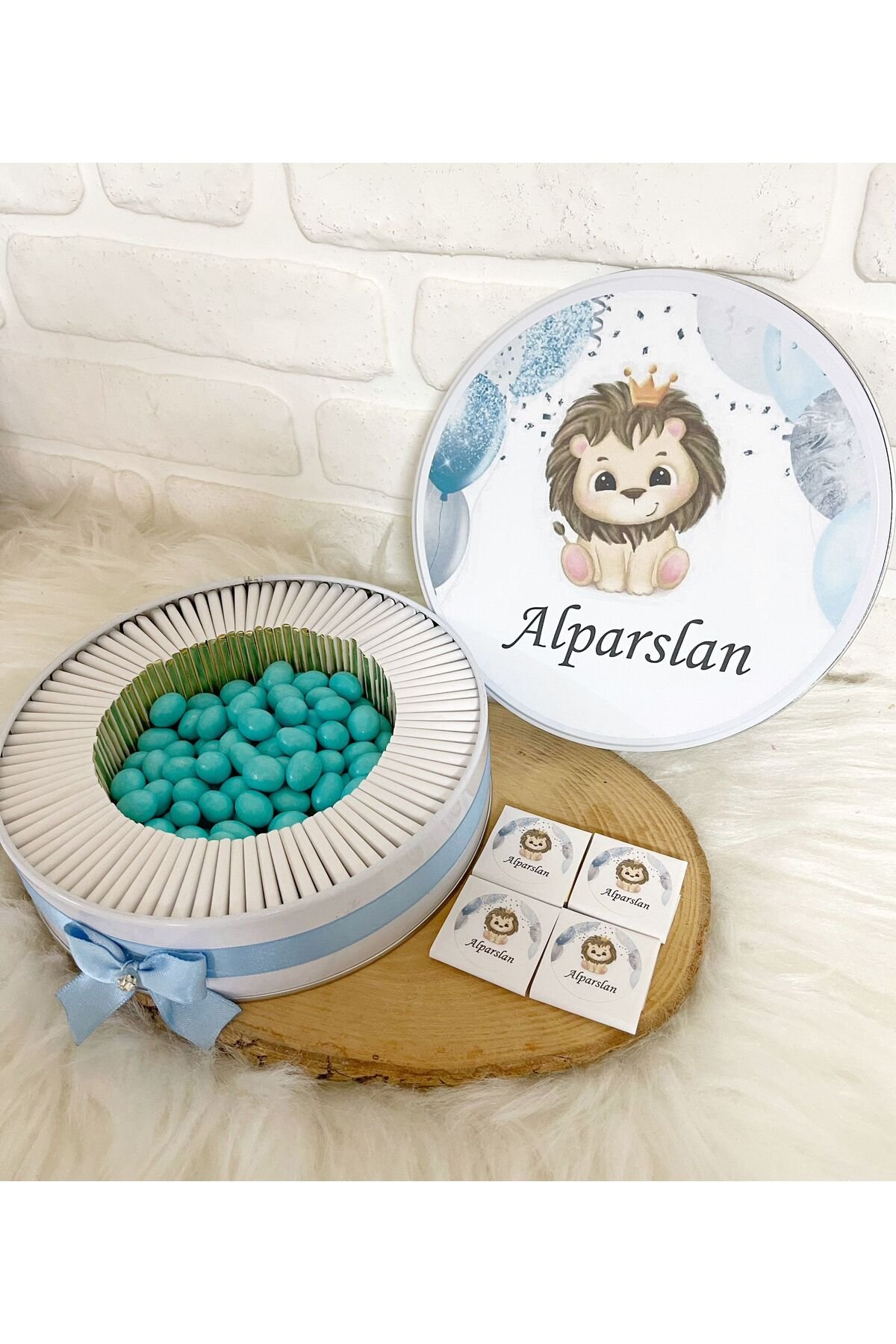 150 Adet+200 Gr Draje Mavi Aslancık Temalı İsme Özel Hoşgeldin Erkek Bebek Hediyelik Çikolata - Görsel 2