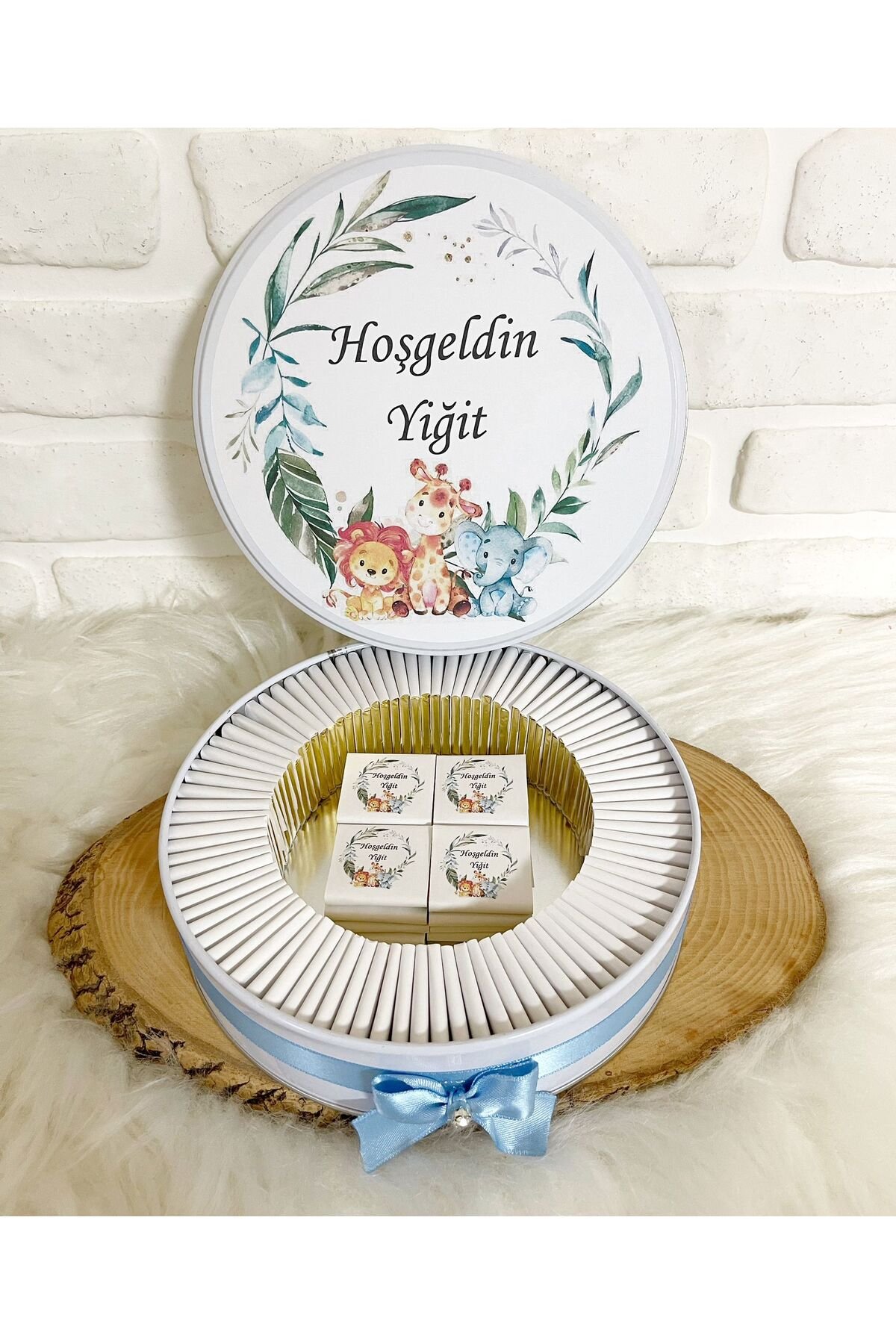 100 Adet Yapraklı Safari Temalı İsme Özel Hoşgeldin Erkek Bebek Hediyelik Çikolata - Görsel 3