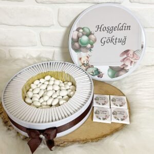 100 Adet+200 Gr Draje Arabalı Ayıcık Temalı İsme Özel Hoşgeldin Erkek Bebek Hediyelik Çikolata