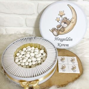 100 Adet+200 Gr Draje Ayda Uyuyan Ayıcık Temalı İsme Özel Hoşgeldin Erkek Bebek Hediyelik Çikolata