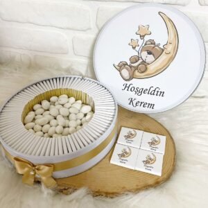 100 Adet+200 Gr Draje Ayda Uyuyan Ayıcık Temalı İsme Özel Hoşgeldin Erkek Bebek Hediyelik Çikolata