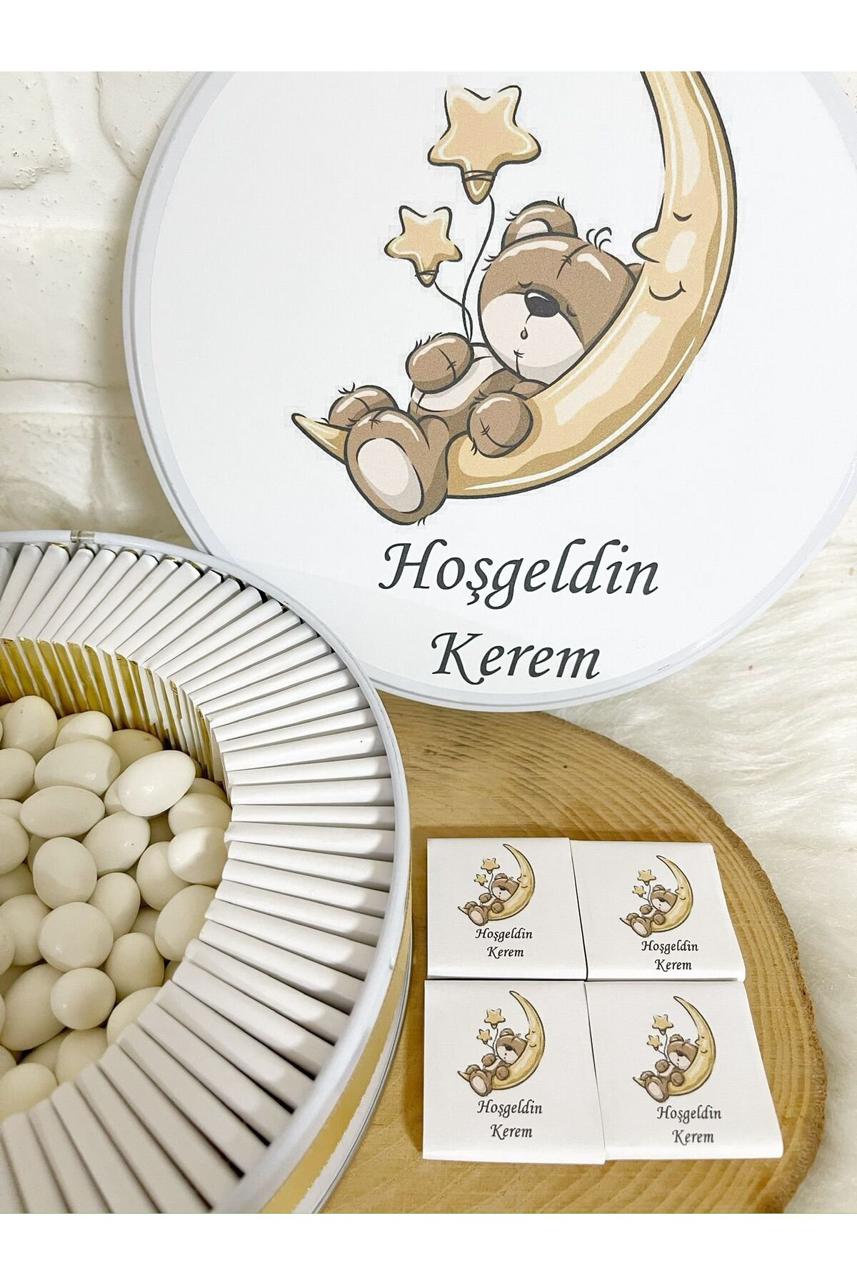 150 Adet+200 Gr Draje Ayda Uyuyan Ayıcık Temalı İsme Özel Hoşgeldin Erkek Bebek Hediyelik Çikolata - Görsel 4