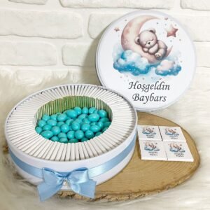 100 Adet+200 Gr Draje Ayda Ayıcık Temalı İsme Özel Hoşgeldin Erkek Bebek Hediyelik Çikolata